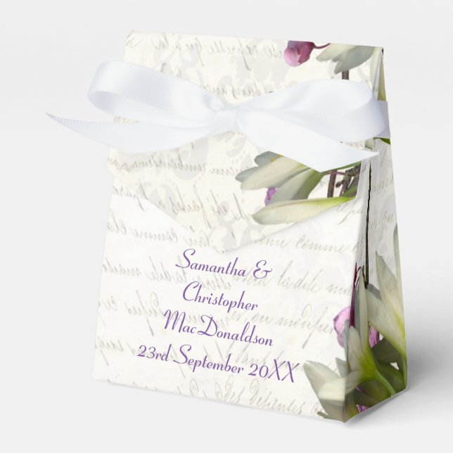 Vacker vit mauve blom- blommande bröllops- presentaskar (Framsidan Sidan)
