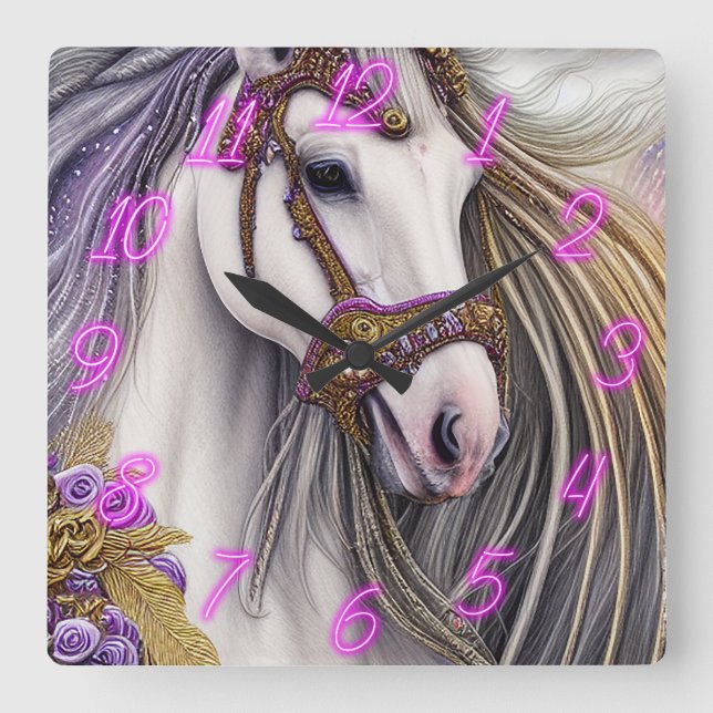 Vacker vit och Lila Horse med Neon Numbers Fyrkantig Klocka (Framsida)