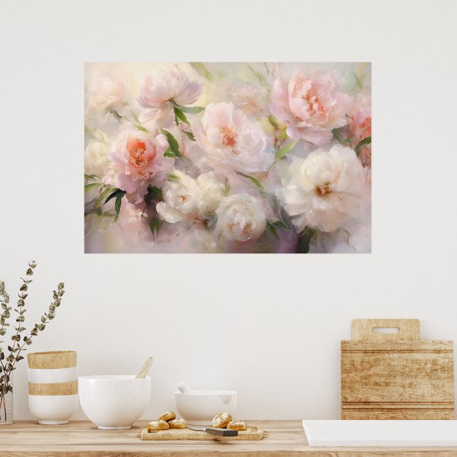 Vacker vit och rosa peonimålning i akvarell poster (Kök)