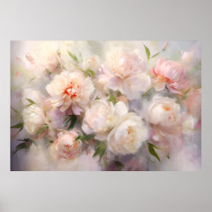 Vacker vit och rosa peonivårmålning poster