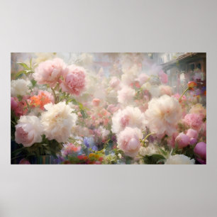Vacker vit och rosa peonmålning i akvarell poster