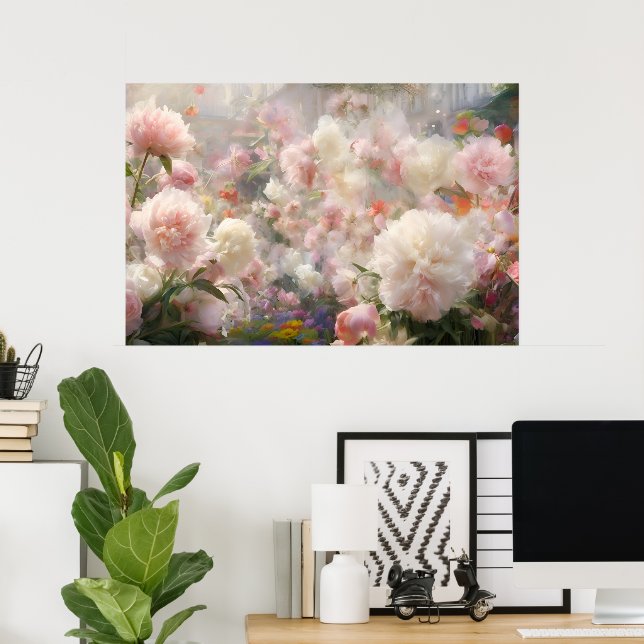 Vacker vit och rosa peonmålning i akvarell poster (Hemmakontoret)