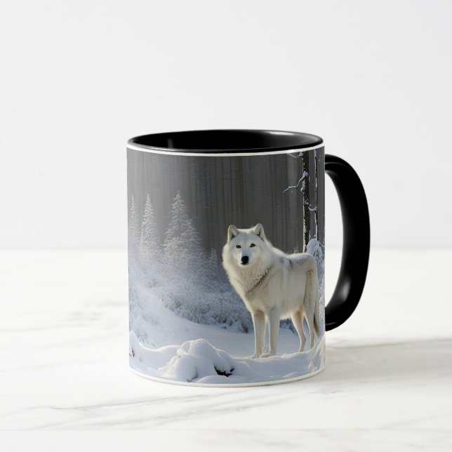 Vacker vit varg i snö vilda djur utomhus mugg (Framsida höger)