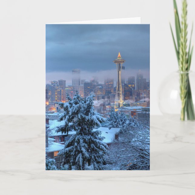 Vacker vy över det snöiga Seattle Helgkort (Framsida)