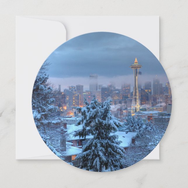Vacker vy över det snöiga Seattle Julkort (Framsida)