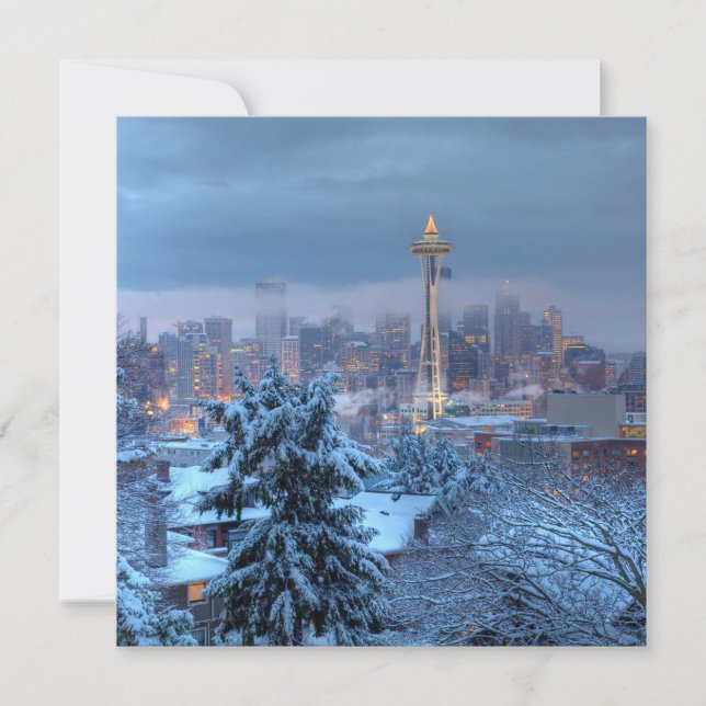 Vacker vy över det snöiga Seattle Julkort (Framsida)