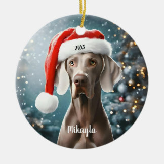 Vacker Weimaraner med jultomtehatt jul Julgransprydnad Keramik