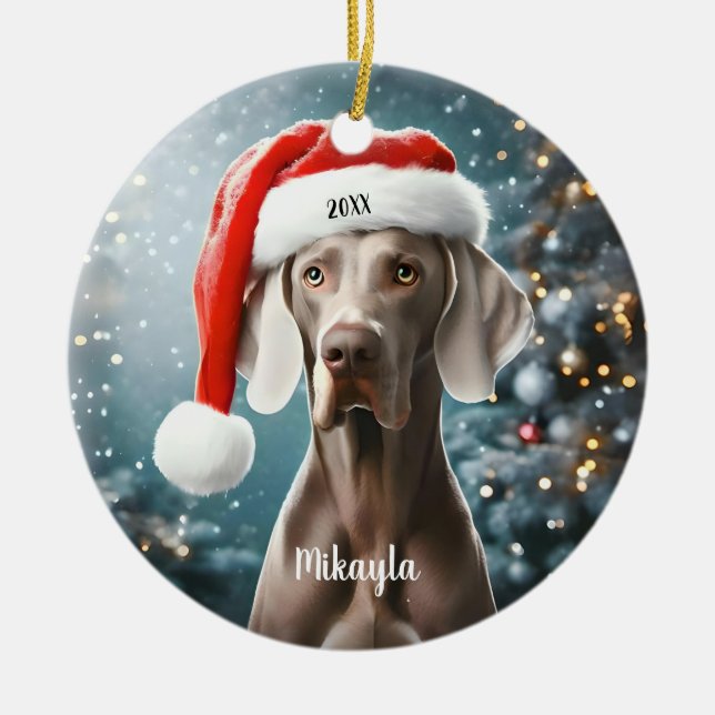 Vacker Weimaraner med jultomtehatt jul  Julgransprydnad Keramik (Framsidan)
