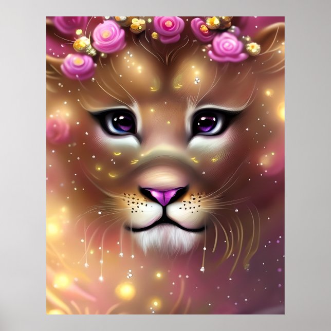 Vacker Whimsisk Fantasy Flicka Lejon  Poster (Framsidan)