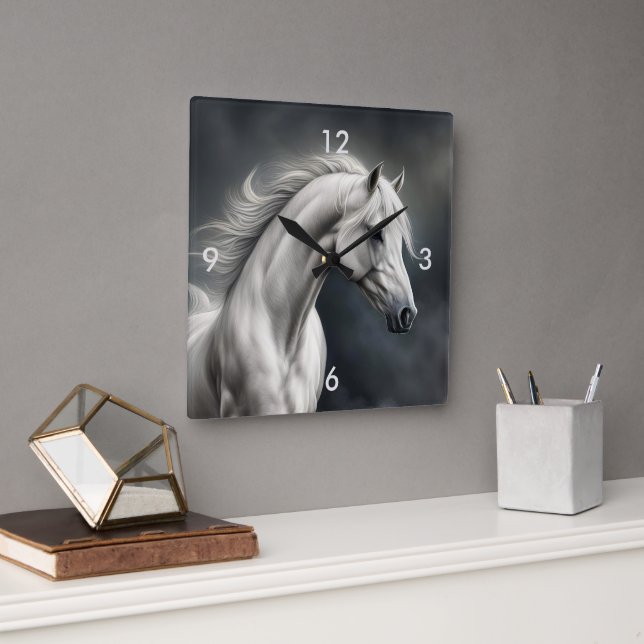 Vacker White Horse Flowing Mane Fyrkantig Klocka (Kontor)