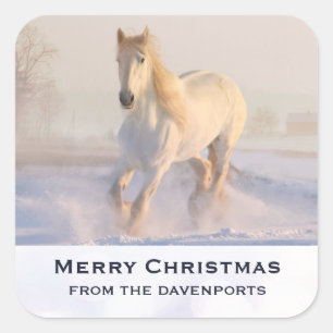 Vacker White Horse Galloping i Snö Julafton Fyrkantigt Klistermärke
