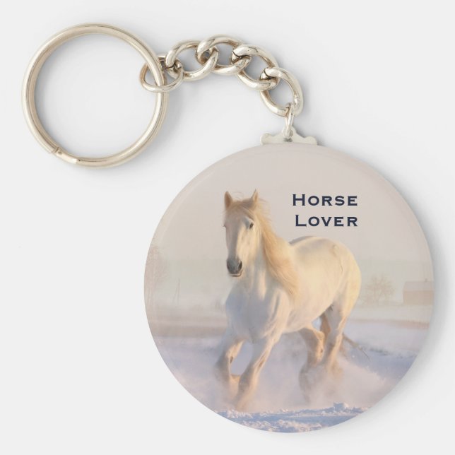 Vacker White Horse Galloping i Snö Nyckelring (Framsidan)