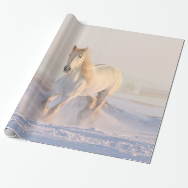 Vacker White Horse Galloping i Snö Presentpapper (Utrullad)
