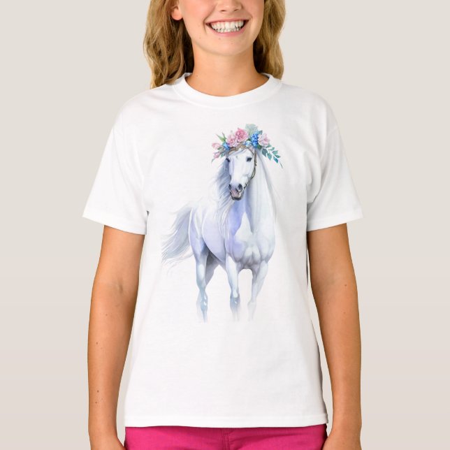 Vacker White Horse T-Shirt för flickor (Framsida)