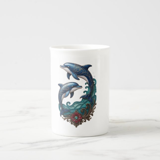 Vacker Yin Yang Dolfiner Keramikkopp Benporslin Mugg (Framsidan)