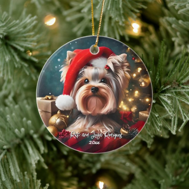 Vacker Yorkshire Terrier med tomteluva Julgransprydnad Keramik (Träd)
