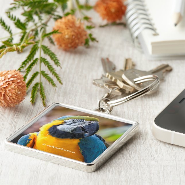 Vackerblått och Guld Macaw Fyrkantig Silverfärgad Nyckelring (Sidan)