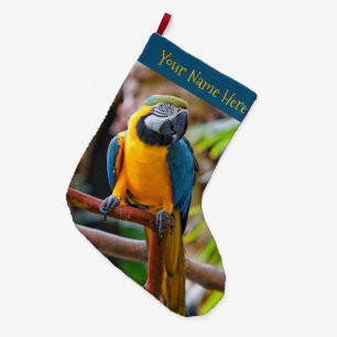 Vackerblått och Guld Macaw Parrot Bird Stor Julstrumpa