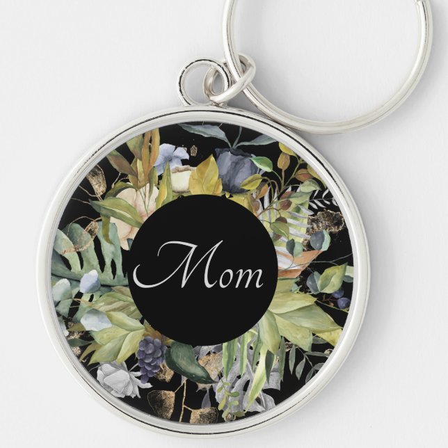 Vackerlig blå och Grönt Blommigt Ram | MAMMA Rund Silverfärgad Nyckelring (Framsidan)