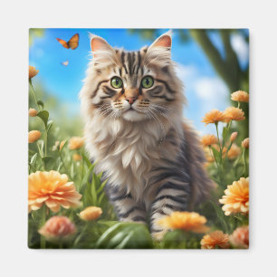 Vackerlig katt, vacker trädgård magnet