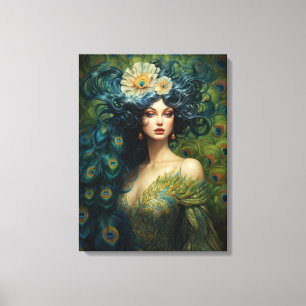 Vackerlig kvinna omgiven av Peacock Feathers Canvastryck
