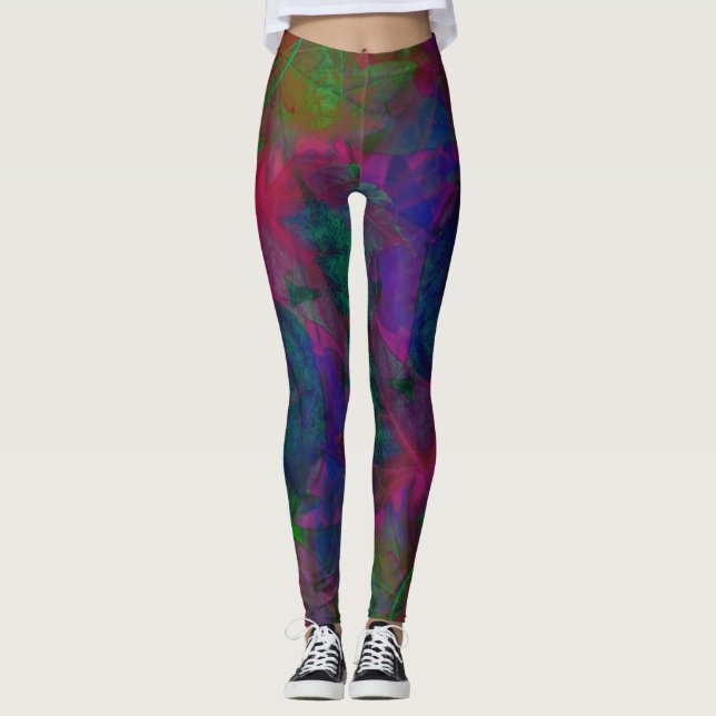 Vackerlig modern med fluorescerande löv-motiv leggings (Framsida)