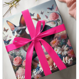 Vackerlig sphynx-katt och blommor presentpapper