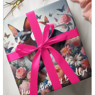Vackerlig sphynx-katt och blommor presentpapper