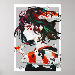 Vackerritad konst - Anime Girl with Koi Fish Poster