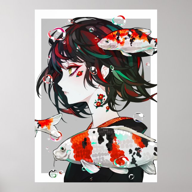 Vackerritad konst - Anime Girl with Koi Fish Poster (Framsidan)