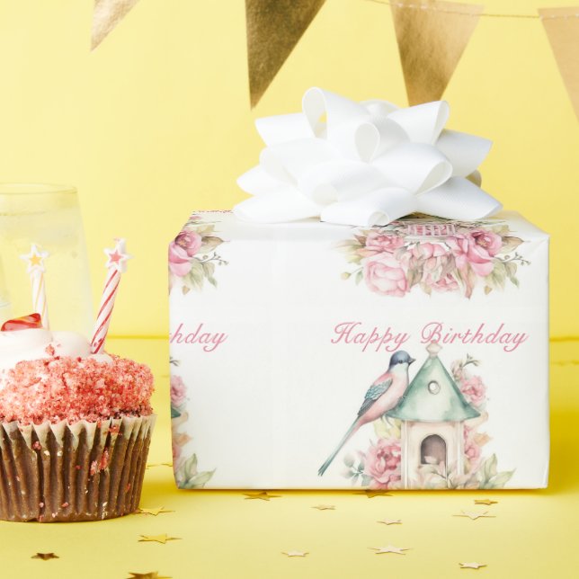 Vackert akvarellfågelhus rosa blommor   presentpapper (Födelsedagsfest)