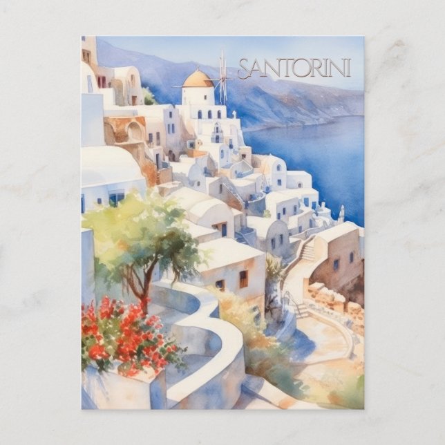 VACKERT AKVARELLKORT FRÅN SANTORINI GREKLAND VYKORT (Framsida)