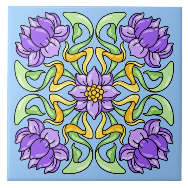 Vackert Art nouveau med lila blommor Kakelplatta (Framsidan)