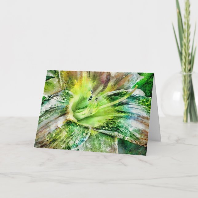 Vackert Artsy Lily Flower i Grönt Art Note Card Kort (Framsida)