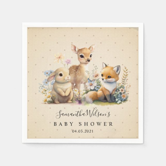 Vackert Baby Bunny Hjort Fox Blommigt Baby Shower  Pappersservett (Framsidan)