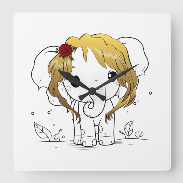 Vackert baby-elefant med gult hår fyrkantig klocka (Framsida)