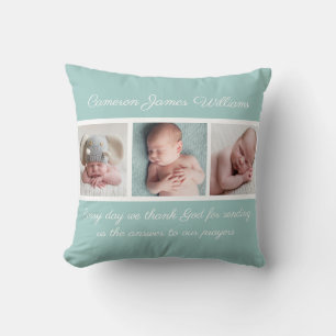Vackert Baby Photo Collage Teal Religiösa Citat Kudde