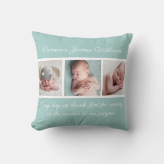 Vackert Baby Photo Collage Teal Religiösa Citat Kudde