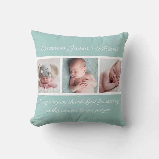 Vackert Baby Photo Collage Teal Religiösa Citat Kudde (Framsida)