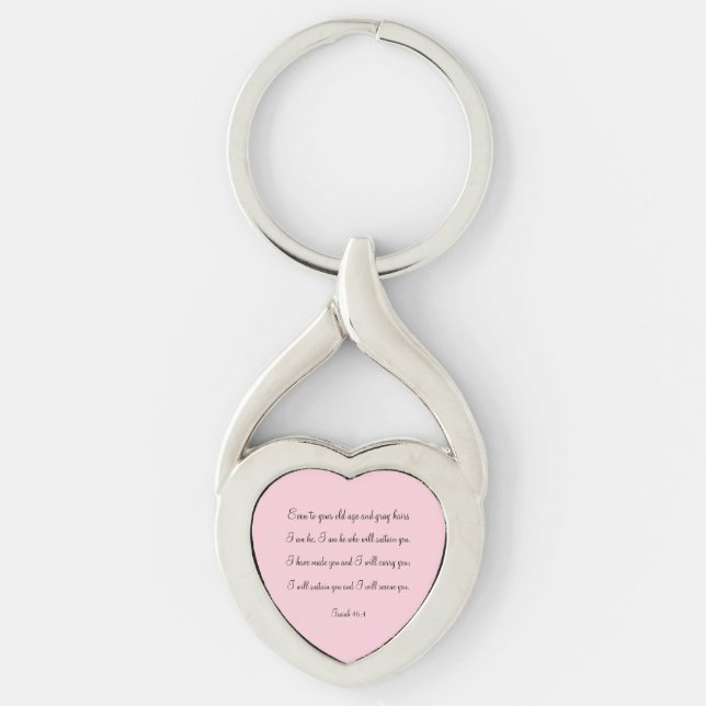Vackert bibelcitat Isaiah 46:4 Twisted Heart Silverfärgad Nyckelring (Framsidan)
