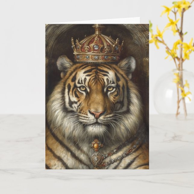 Vackert Big Cat i ett Krona-tillfällen Kort (Gul blomma)