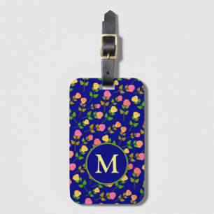 Vackert Blått Rosmönster Monogram Bagagebricka
