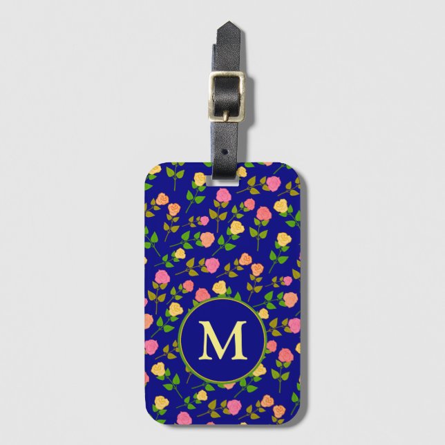 Vackert Blått Rosmönster Monogram Bagagebricka (Framsida vertikal)
