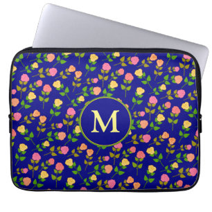 Vackert Blått Rosmönster Monogram Laptop Fodral
