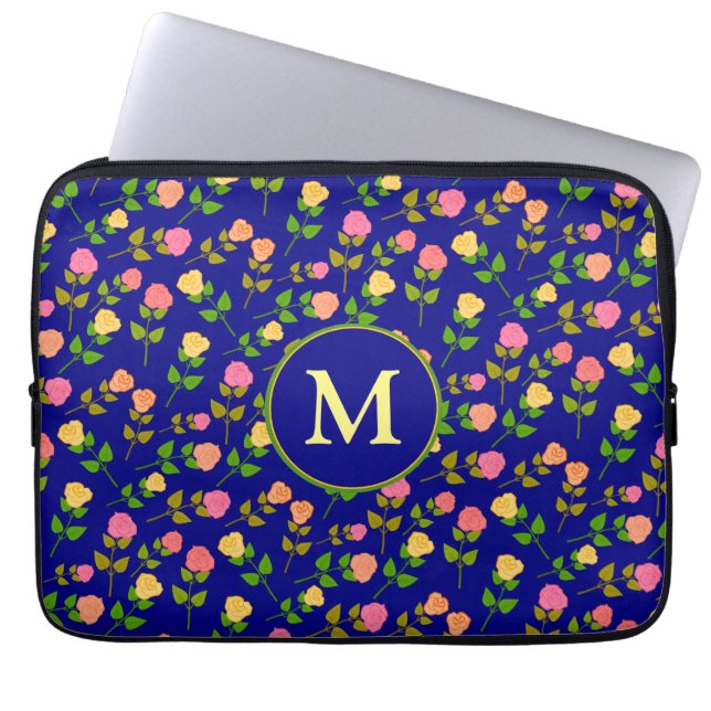 Vackert Blått Rosmönster Monogram Laptop Fodral (Framsidan)