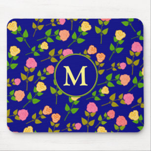 Vackert Blått Rosmönster Monogram Musmatta
