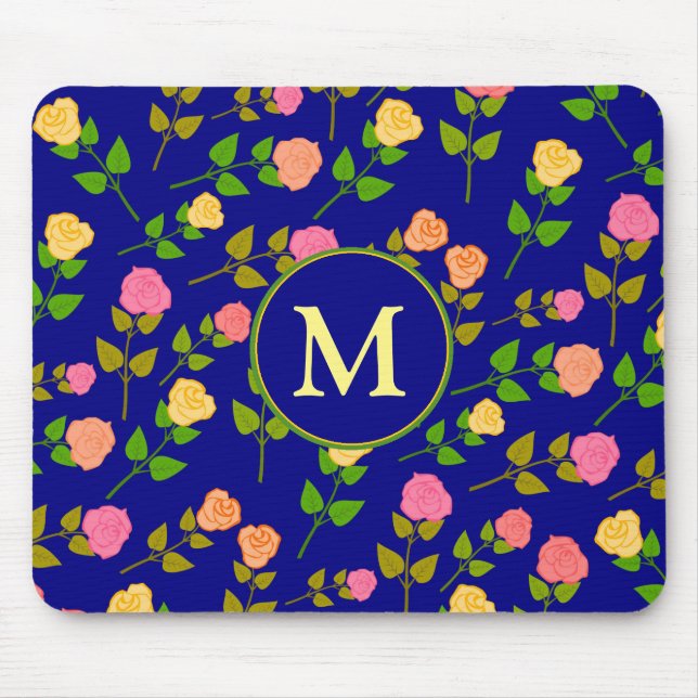 Vackert Blått Rosmönster Monogram Musmatta (Framsidan)