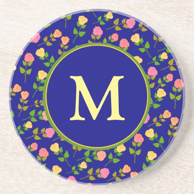 Vackert Blått Rosmönster Monogram Underlägg (Framsidan)