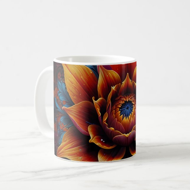 Vackert blomhuvud med orange och blå blad kaffemugg (Framsida vänster)