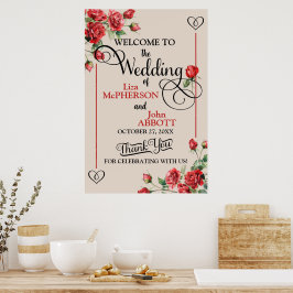 Vackert blommande röda rosor bröllop välkomstskylt poster